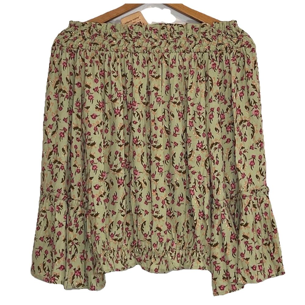 Rustic Rack Top Size S Green Floral Off Shoulder Smocked Prairie Cottage NEW NWT